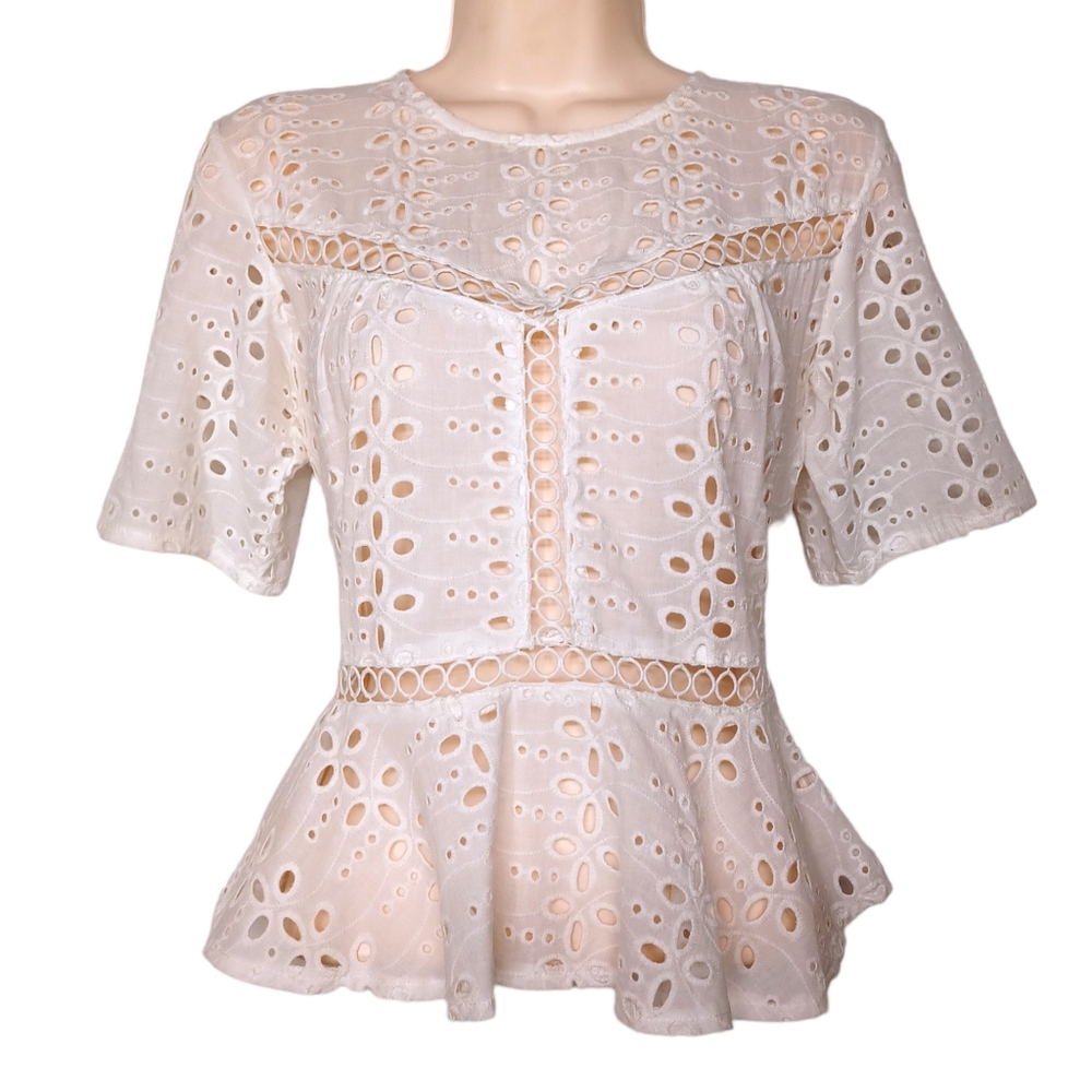 THE ROOM White Floral Eyelet Lace Short Sleeve Peplum Boho Top Small